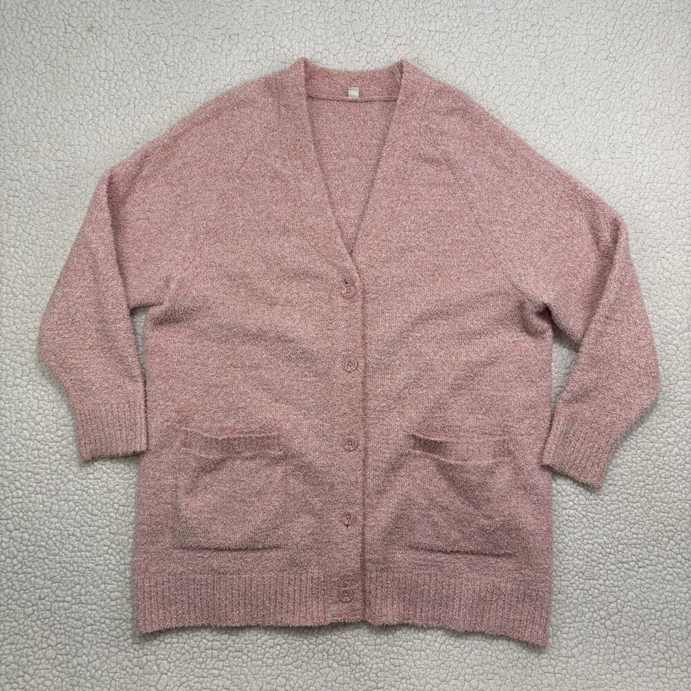 Uniqlo Fuzzy Knit Cardigan Womens XL Pink Button Front Soft Long Pockets Soufflรฉ